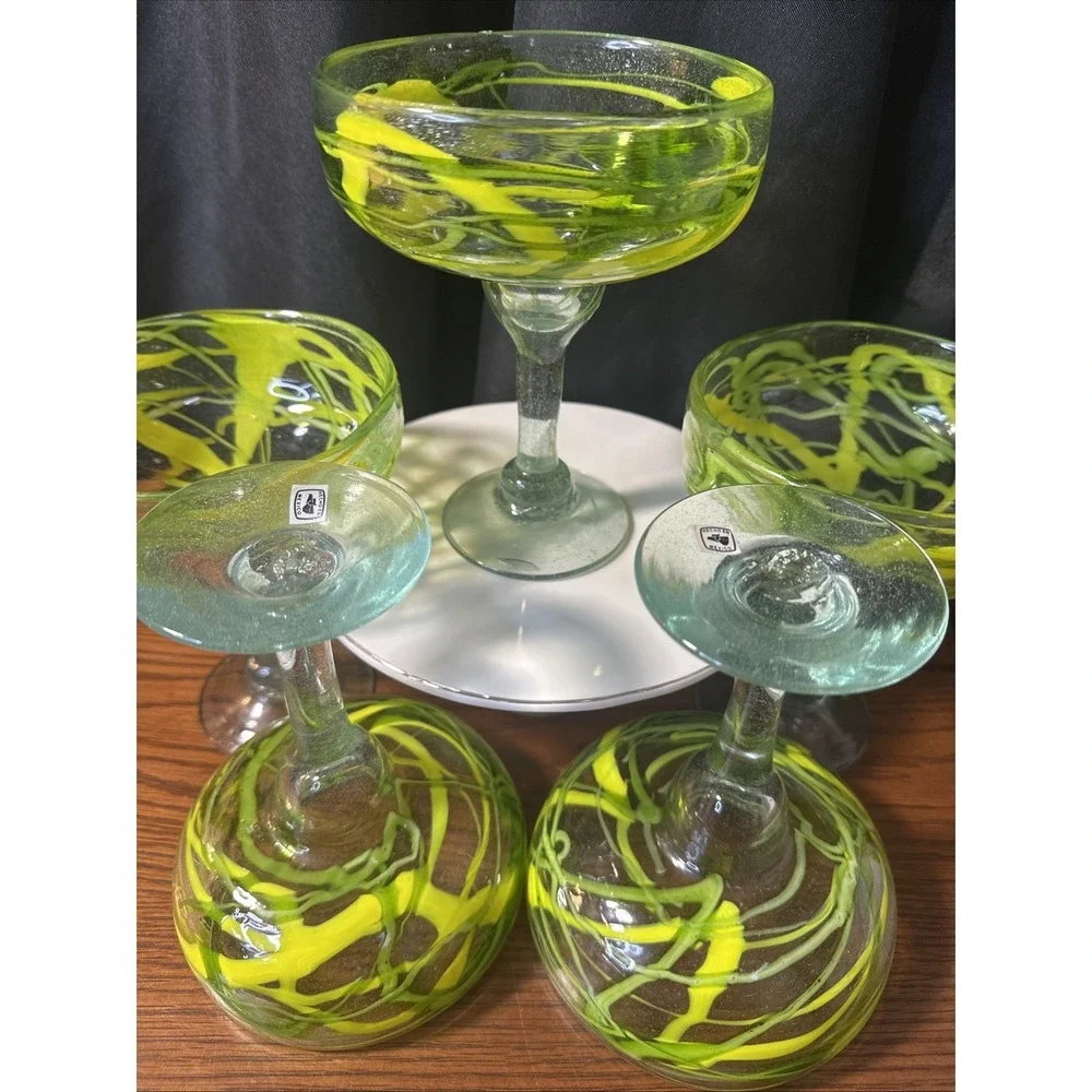 5 Margarita Glasses Hand Blown Recycled Mexican Yellow & Green Drizzle 6.5 